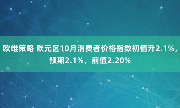 欧维策略 欧元区10月消费者价格指数初值升2.1%，预期2.1%，前值2.20%